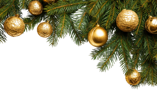 Christmas fir branches with golden ornaments border isolated on a transparent background holiday decoration