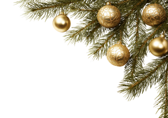 Christmas tree branches adorned with golden baubles isolated on a transparent background holiday decoration