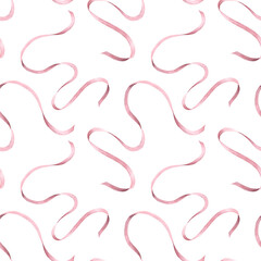 Seamless pattern with pink flowing ribbons. Watercolor illustration for fabric, wallpaper, packaging, and cover.