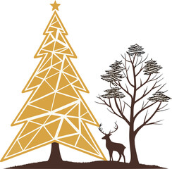 Elegant holiday scene with golden Christmas tree and reindeer in a snowy woodland, perfect for greeting cards or festive decorations, simple and charming