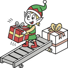 Cheerful Christmas Elf on Conveyor Belt Delivering Holiday Gifts with Festive Joy and Merriment for a Season of Giving, Perfect for Holiday Marketing