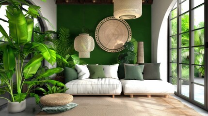 Fototapeta premium Cozy Living Room Interior Design with Green Accents and Natural Textures in a Modern Tropical Style