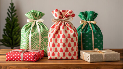 Christmas green energy eco friendly gift wrapping with reusable fabric and natural twine creates festive and sustainable holiday atmosphere