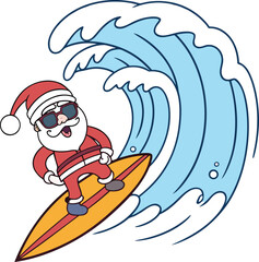Santa Claus catches a big wave surfing in the ocean, a fun and festive holiday design for Christmas promotions and tropical vacation themes