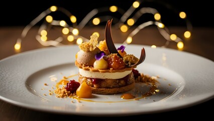 “layered gourmet dessert cup with berries and cream, warm golden bokeh lights, stylish premium food photography, festive sweet presentation”
