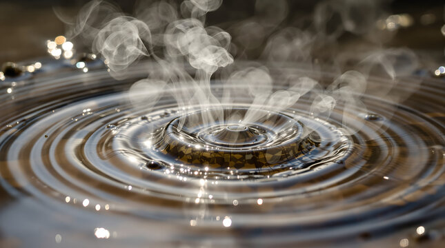 Hypnotic water ripples emanate from a central point with rising steam