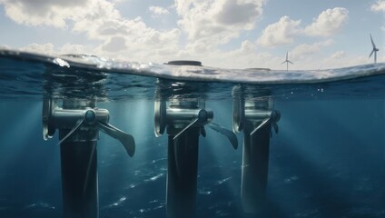 Underwater turbines harnessing tidal energy with wind turbines in the distance.