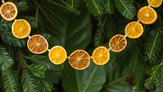 Christmas green energy eco friendly decoration with dried orange slices on pine tree branch creates festive and natural holiday atmosphere
