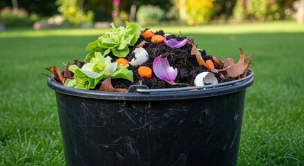 Close up of a compost pile inside a black plastic container