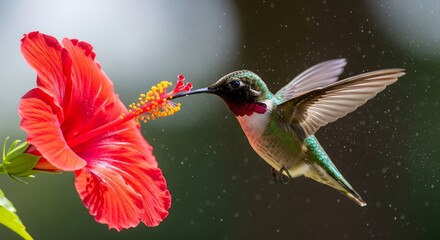 A Ruby-throated Hummingbird hovers to drink nectar from a vibrant red hibiscus flower in soft light