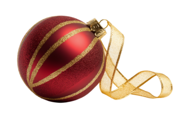 Red Christmas Ornament with Glittering Gold Stripes and Ribbon isolated on a transparent background image