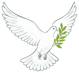 Obraz premium Stylized white dove with outstretched wings carrying olive branch symbolizing peace, tranquility