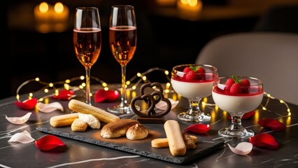 “luxury dessert table with wine glasses, chocolates and fruits, soft golden bokeh lights, premium fine-dining romantic celebration photography