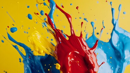 Colorful liquid paint splashes with bright blue red and yellow colors over a vivid yellow background studio shot