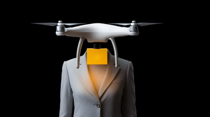 Drone replacing head of business person in suit with yellow box on black studio background on transparent background