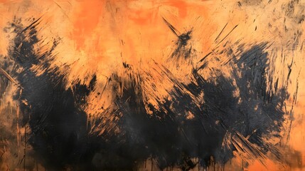 An abstract expressionist painting shows heavy black brushstrokes over a vibrant background in shades of orange.