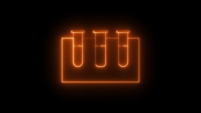 Neon lab test tube icon animation on black background, glowing chemical experiment tube symbol, scientific diagnostics analysis laboratory equipment illustration for medical, bio tech