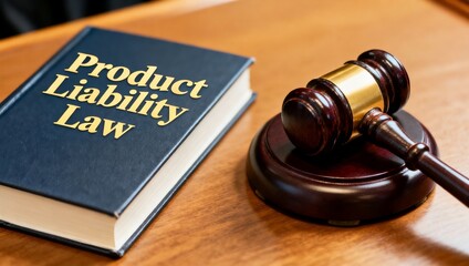 Product Liability Law book with wooden gavel on desk for legal consumer protection defective merchandise litigation and manufacturer responsibility accountability regulation