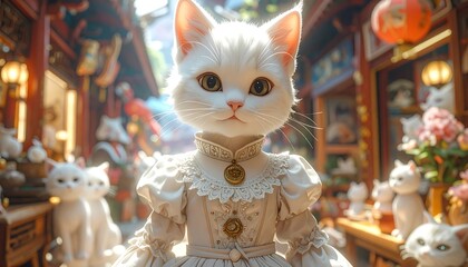 A regal feline, adorned in white finery, stands confidently amidst a bustling market scene, exuding an air of elegance