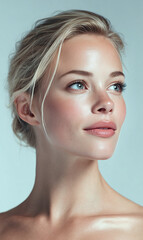 Close portrait of young blonde female with perfect hydrated skin and blue eyes looking aside for natural beauty and collagen skincare campaign