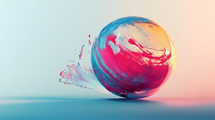 A vibrant sphere with swirling pink, blue, and white paint appears to be floating on a colorful surface.