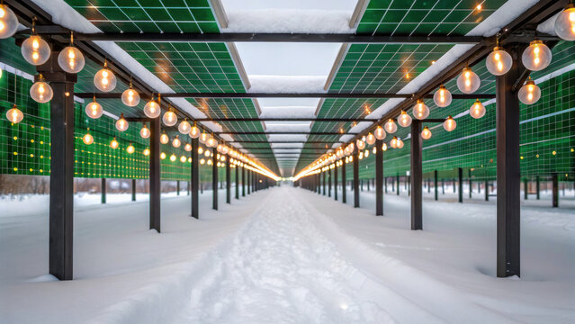 Christmas green energy eco friendly solar panels create festive atmosphere with glowing lights in snowy winter landscape outdoors