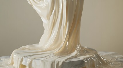An abstract sculpture is draped with flowing white fabric, creating a smooth, minimalist aesthetic art piece.