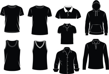 Set of black clothing silhouettes t shirts tank tops polo hoodie and jacket