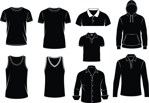 Set of black clothing silhouettes t shirts tank tops polo hoodie and jacket
