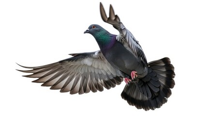 Obraz premium A striking isolated image of a pigeon mid-flight, wings spread against a pure white backdrop