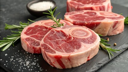 Fresh raw veal osso buco slices showcasing visible marrow rings and vibrant meat tones ideal for gourmet preparation.