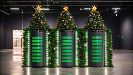 Christmas green energy eco friendly server room decorated with festive Christmas trees and ornaments glowing with sustainable lights