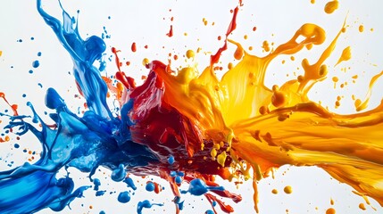 Vibrant explosion of red, blue, and yellow paint collide in a dynamic splash against a white background.