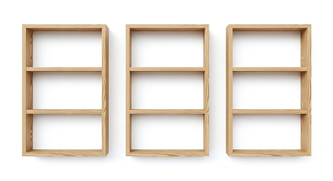 Three empty wooden wall shelves mounted side by side isolated on white background