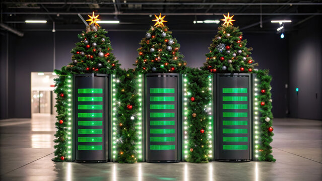 Christmas green energy eco friendly server room decorated with festive Christmas trees and ornaments glowing with sustainable lights