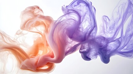 Abstract smoke art shows a colorful swirl of soft orange and purple merging together on a light background.