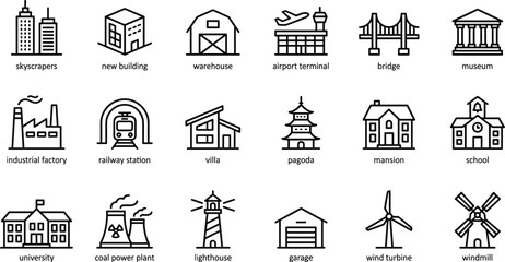 Architecture and Public Buildings Line Icons Set Skyscraper, Airport Terminal, School, Factory, Lighthouse, and Windmill Vector Illustration Content.