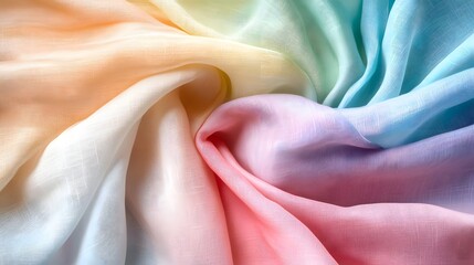 Abstract macro shot of flowing pastel silk fabric featu soft swirls and delicate colorful gradations.