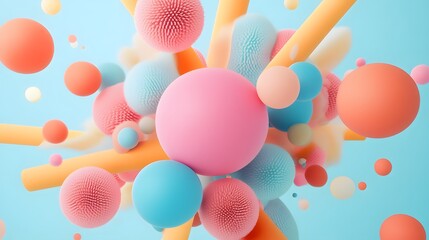 A vibrant arrangement of pastel colored spheres and cylinders float playfully against a serene blue background.