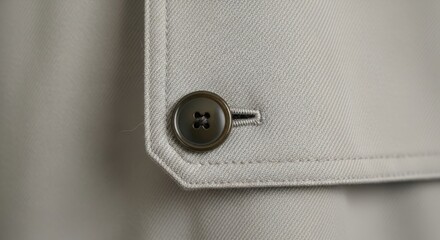 Close-up of beige trench coat button on fabric collar