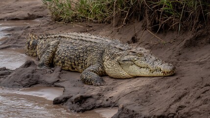 Obraz premium A large crocodile rests on the muddy bank of a river, its scaly skin blending with the earth tones