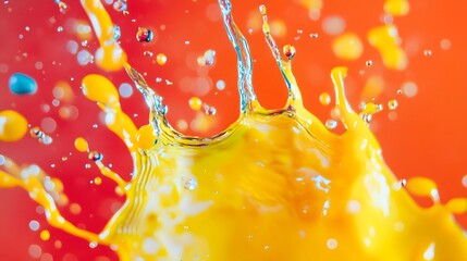 A vibrant splash of yellow liquid creates dynamic water droplets against a vivid red orange background art.