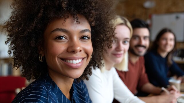 Diverse team of professionals smiling at camera during meeting.
