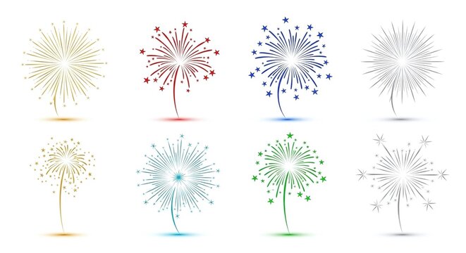 Collection of eight colorful firework burst illustrations isolated on white background