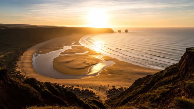 Coastal landscape at sunrise with headland and sandy beach