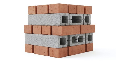 Stack of red clay bricks and gray concrete blocks isolated on white background