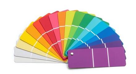 Fan deck of paint color swatches showing full spectrum isolated on white background