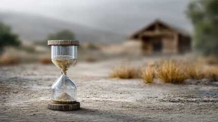 An hourglass with sand falling, a wooden house-shaped object on the side of an empty desert background. Time concept.