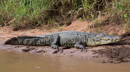 Obraz premium A large nile crocodile rests on the muddy bank of a river in its natural habitat, basking in the sun