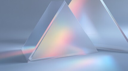 Interlocking frosted glass triangles illuminated with iridescent holographic reflections Shadows are sharp and uncluttered reinforcing dimensional geometry Balanced